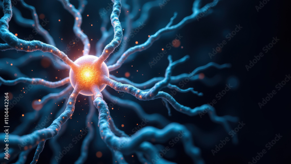 Poster semaglutide molecule surrounded by neurons, illustrating its interaction with neural cells.
