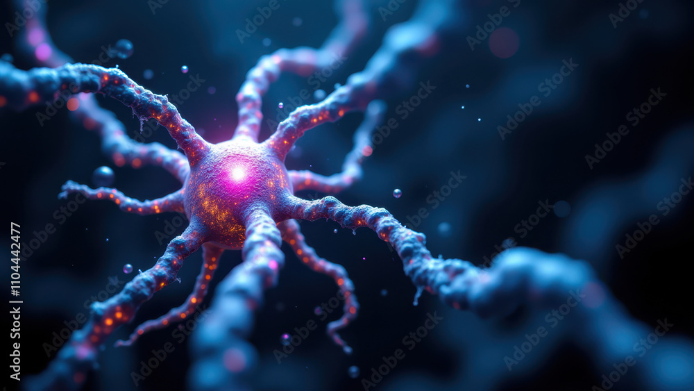 Aufkleber a close-up microscopic view of a neuron with a central red nucleus, highlighted by surrounding cells