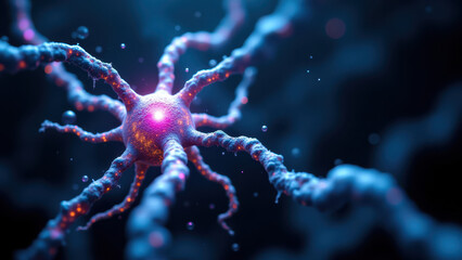 Fototapeta premium A close-up microscopic view of a neuron with a central red nucleus, highlighted by surrounding cells.