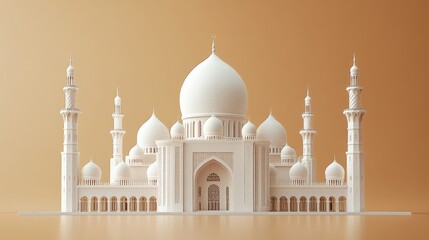 Obraz premium A stunning architectural model of an ornate mosque, showcasing detailed domes and minarets against a gradient background, perfect for cultural, travel
