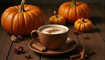 Cup of pumpkin spice late with cinnamon sticks, pumpkins star anise and nutmeg in a rustic moody and vintage atmosphere