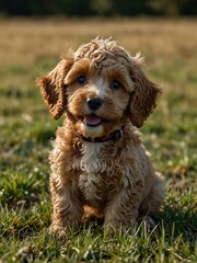 Fototapeta premium Cockapoo puppy playing in a field.