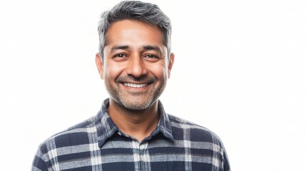 Fototapeta premium Happy Middle-Aged Man Smiling in Plaid Shirt on White Background
