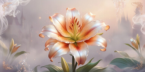  lily flower in foggy cosmic background, created by Generative AI