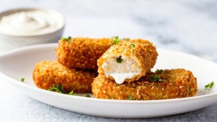 Tuna croquettes, elegantly laid out on a white ceramic plate, next to a small bowl with creamy yogurt sauce.