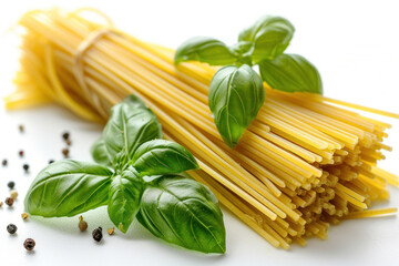 Spaghetti and basil isolated on white background. ,.     
