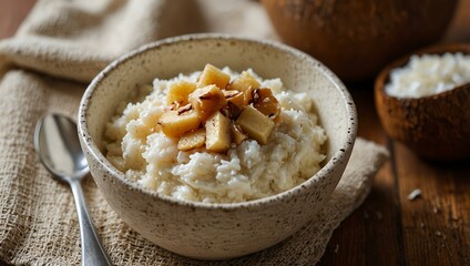 Coconut rice pudding in a coconut bowl.