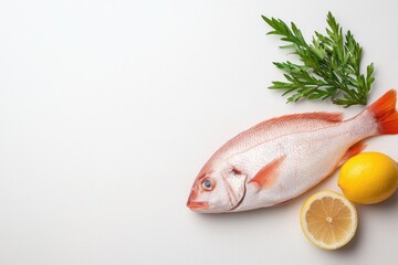Fresh fish, lemon slices, and green herbs arranged on a clean white background, perfect for culinary websites, seafood recipes, or health-oriented content promoting nutritious meals,