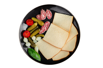 Raclette cheese tasty food dish fresh delicious gourmet food background on the table rustic food top view copy space top view