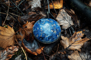 Lactarius indigo mushroom with blue hues among fallen leaves and twigs in a forest