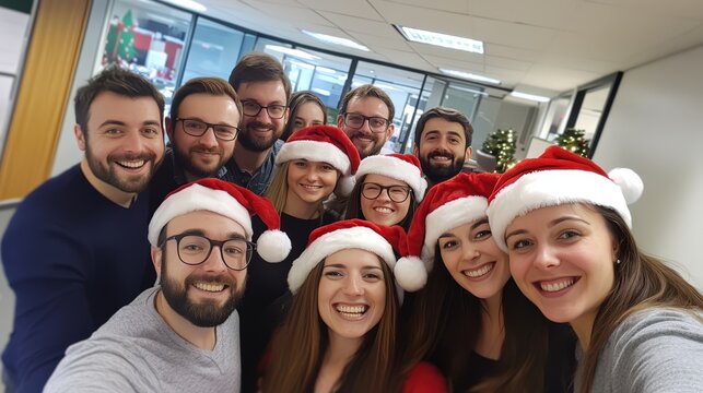 Office Colleagues Celebrate Christmas Together Wearing Santa Hats