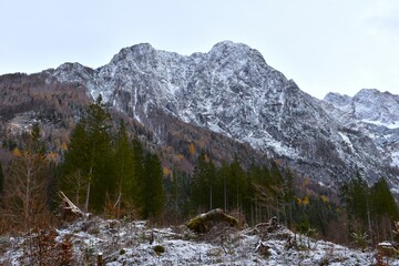 Snow covered Velika Baba mountain peak above Ravenska Kočna at Jezersko in Gorenjska, Slovenia