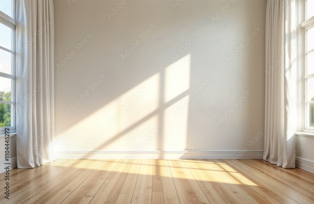 Poster Bright empty room with soft light. Sunlight streams through window casting shadows on light beige walls and light oak wood floor. White curtains frame the window.