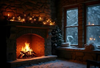 A cozy fireplace with a mantel decorated with  Christmas ornaments and  candles, in front of a  snowy winter landscape visible through a  window, a christmas present near the fireplace