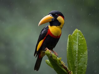 Fototapeta premium Collared aracari perched in the rain, Costa Rica.