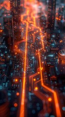 Fototapeta premium Stunning futuristic cityscape at night with towering skyscrapers and buildings illuminated by a dazzling display of vibrant neon lights and glowing digital data trails