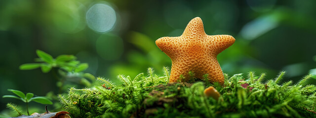 Open Devil\'s Cigar mushroom showcasing star shape amid lush green moss in soft forest light
