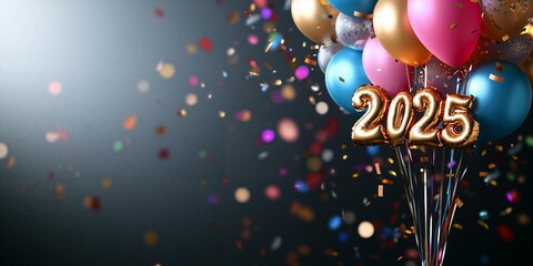 vibrant celebration scene with colorful balloons and metallic 2025 numbers, surrounded by confetti against dark background, creating festive atmosphere