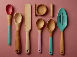 Collection of colorful wooden kitchen utensils on a pink background.