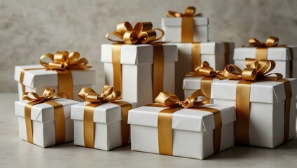 Collection of elegantly wrapped white gift boxes with gold ribbons