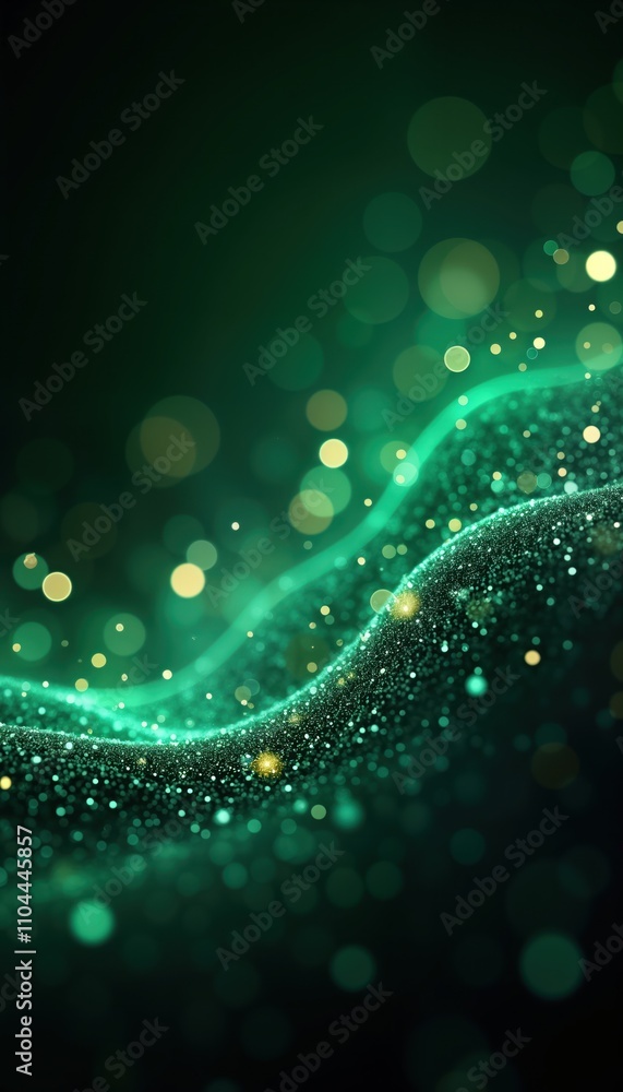 Aufkleber Abstract dark green bokeh background with glowing particles. Cosmic vibe with textured pattern. Shiny elements create night aesthetic. Stylish design for tech, eco, fashion projects. Abstract design