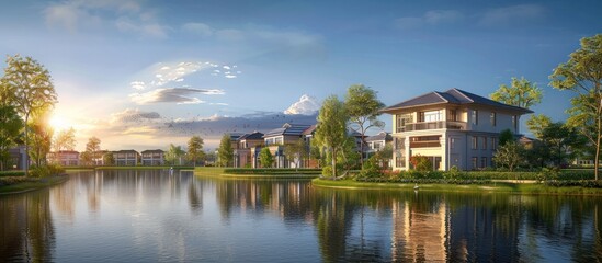 Obraz premium Serene and picturesque waterfront residential community featuring luxurious homes tranquil lake stunning sunset reflection lush foliage and beautifully landscaped pathways and gardens