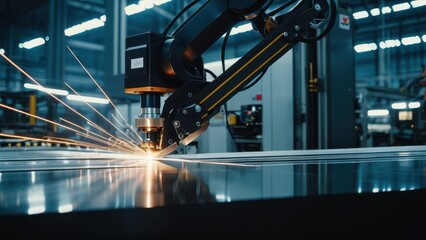Naklejka premium An industrial robot in action, welding metal in a large futuristic factory with bright sparks, representing innovation, robotics, and state-of-the-art manufacturing technologies