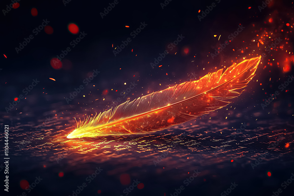 Poster a quill pen radiates light while effortlessly crafting letters in an enchanting, dark setting filled