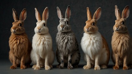 Fototapeta premium Collection of rabbit breeds showcasing unique fur patterns (PNG).