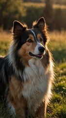 Fototapeta premium Collie dog in a sunlit field—majestic pet photography.