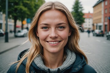 Fototapeta premium Close portrait of a smiling young Norwegian woman looking at the camera, Norwegian city outdoors blurred background
