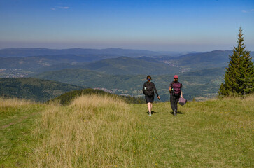 Obraz premium tourists on the trail from Korbielów to Pilsko in the Beskid Mountains 