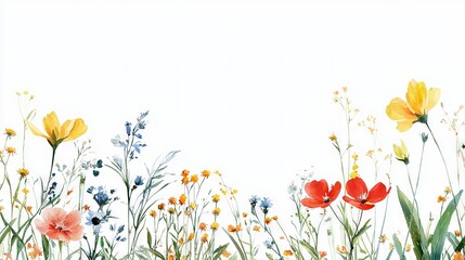 Fototapeta premium An exquisite watercolor depiction of a meadow carpeted with vibrant wildflowers and graceful daisies, set against a pristine white backdrop