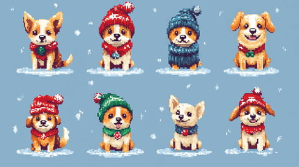 Cute dog breeds. Pixel art 80s style icons stickers and embroidery design. Video game sprite. Set of dog with hats and scarves, winter joy in pixel art vector illustration.