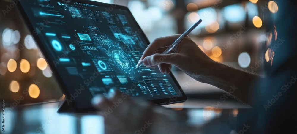 Poster digital innovation: a futuristic tablet display showcasing technological advancement and data visual