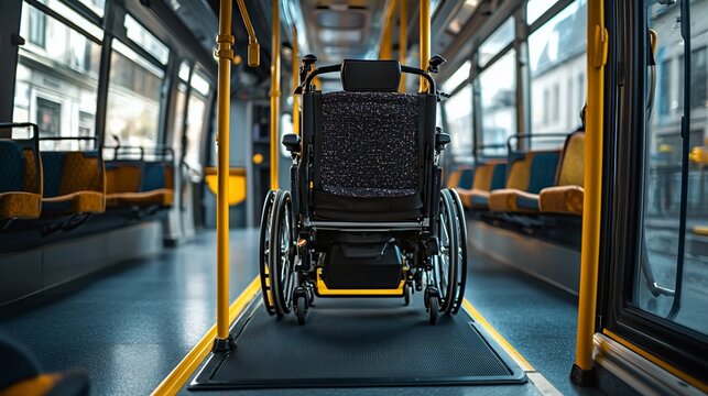 Wheelchair accessible bus interior, empty wheelchair on the aisle, modern urban transport.