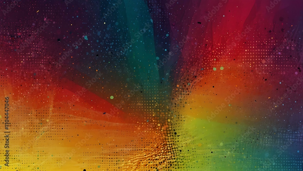 Poster colorful abstract background with halftone dots and wavy lines.