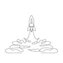 Rocket, spaceship drawn in continuous line in minimalism style, take off, start up, spacecraft flying up, one line, editable vector contour.
