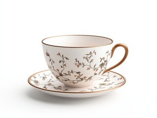 Elegant tea cup and saucer featuring delicate floral designs and a golden rim, perfect for marketing luxury tea brands, home decor, or culinary blogs,