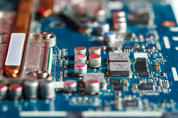 Computer motherboard as background, closeup. Electronic engineering