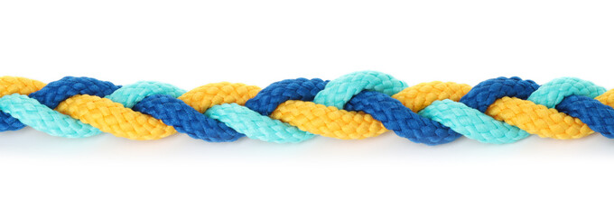 Braided colorful ropes isolated on white. Unity concept