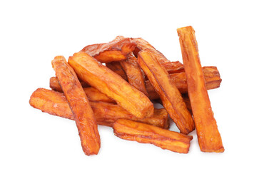 Delicious sweet potato fries isolated on white