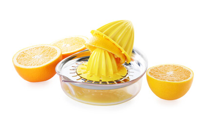 Juicer and oranges isolated on white. Kitchen tool