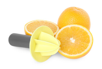 Plastic juicer and oranges isolated on white