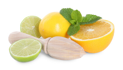 Wooden juicer, lime, lemon, orange and mint isolated on white