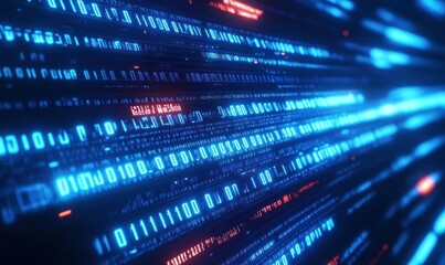 Abstract digital binary data in glowing blue and red lights, representing technology, coding, and information transfer in a futuristic style.