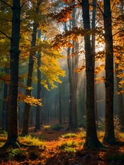 Fototapeta premium Colorful autumn forest bathed in sunlight.