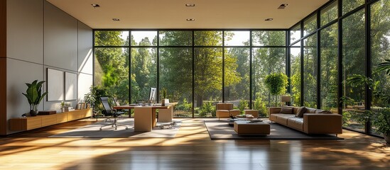 Fototapeta premium Modern office with large windows overlooking a lush forest.