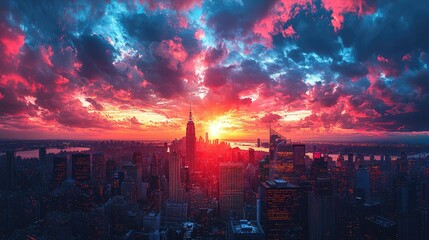 Obraz premium Amazing panorama view of New York city skyline and skyscraper at sunset. Beautiful night view