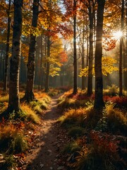 Obraz premium Colorful autumn forest scene with sunlight.